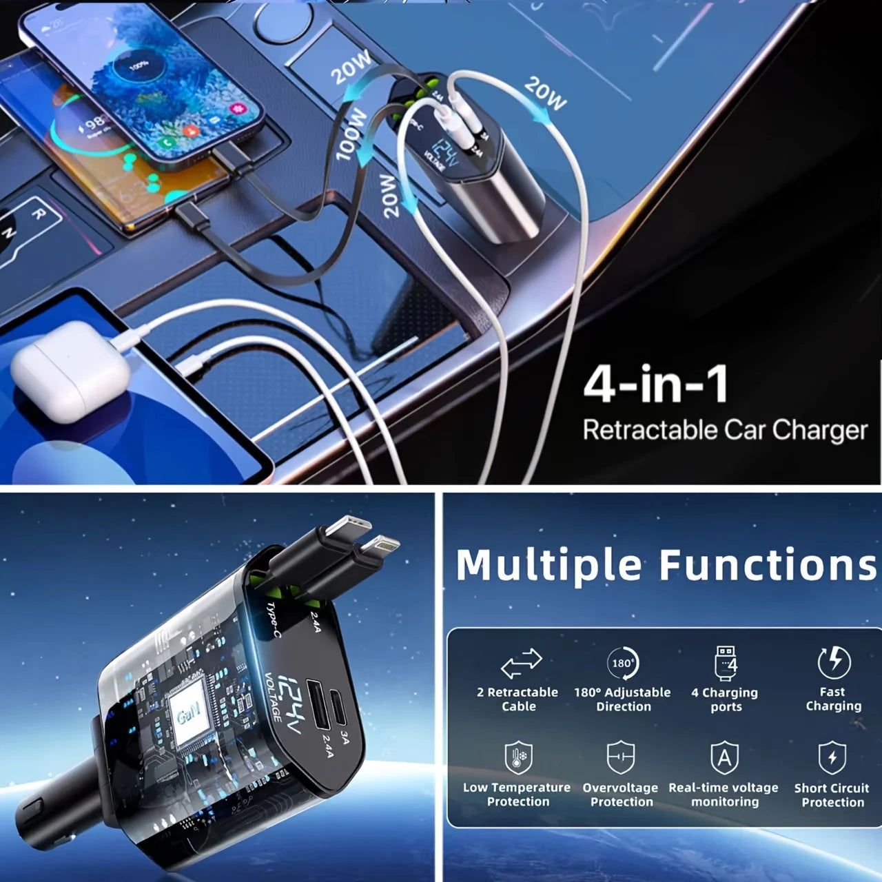 4-in-1 Retractable Fast Car Charger